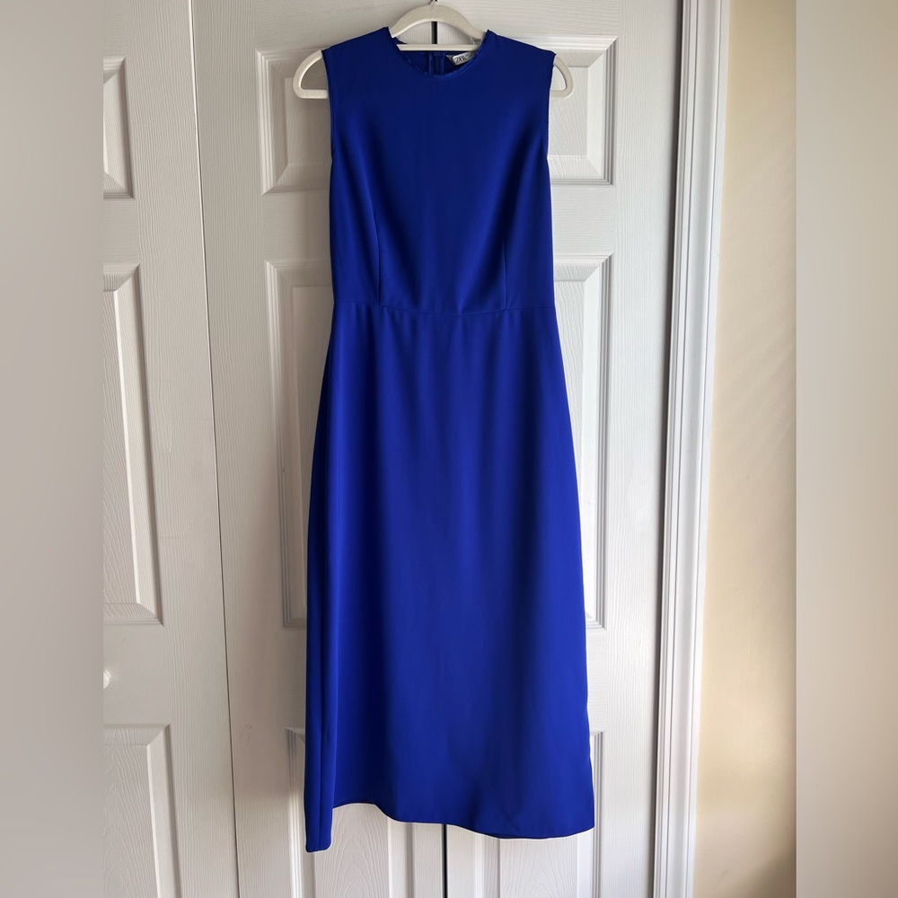 Zara Blue Midi Dress Crew Neck Sleeveless SIZE S